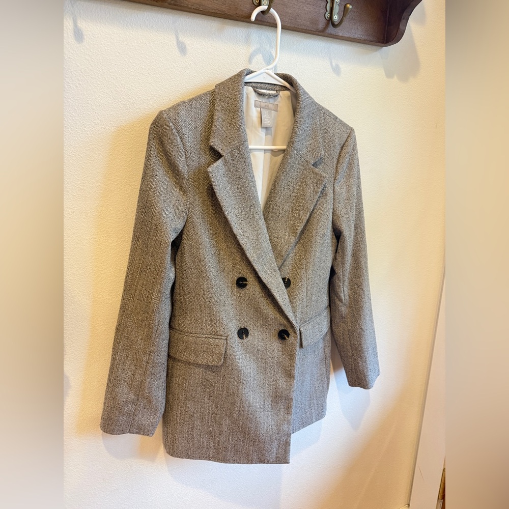H&M Gray Double-Breasted long Blazer herringbone dressy work casual